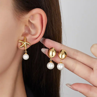 1 Pair 18K Gold PVD Summer beach vacation style starfish pearl Drop earrings / 25104005