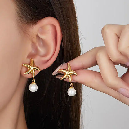 1 Pair 18K Gold PVD Summer beach vacation style starfish pearl Drop earrings / 25104005