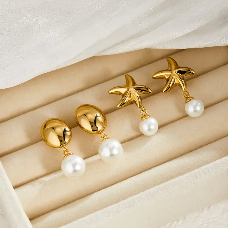 1 Pair 18K Gold PVD Summer beach vacation style starfish pearl Drop earrings / 25104005