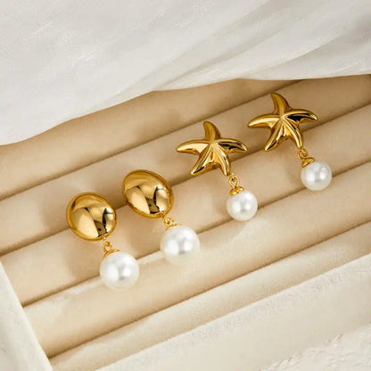 1 Pair 18K Gold PVD Summer beach vacation style starfish pearl Drop earrings / 25104005
