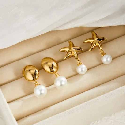 1 Pair 18K Gold PVD Summer beach vacation style starfish pearl Drop earrings / 25104005