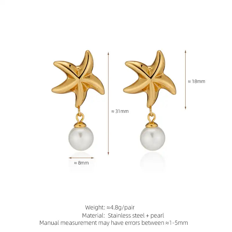1 Pair 18K Gold PVD Summer beach vacation style starfish pearl Drop earrings / 25104005
