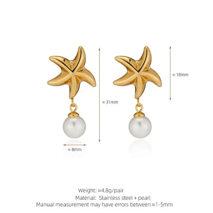 1 Pair 18K Gold PVD Summer beach vacation style starfish pearl Drop earrings / 25104005