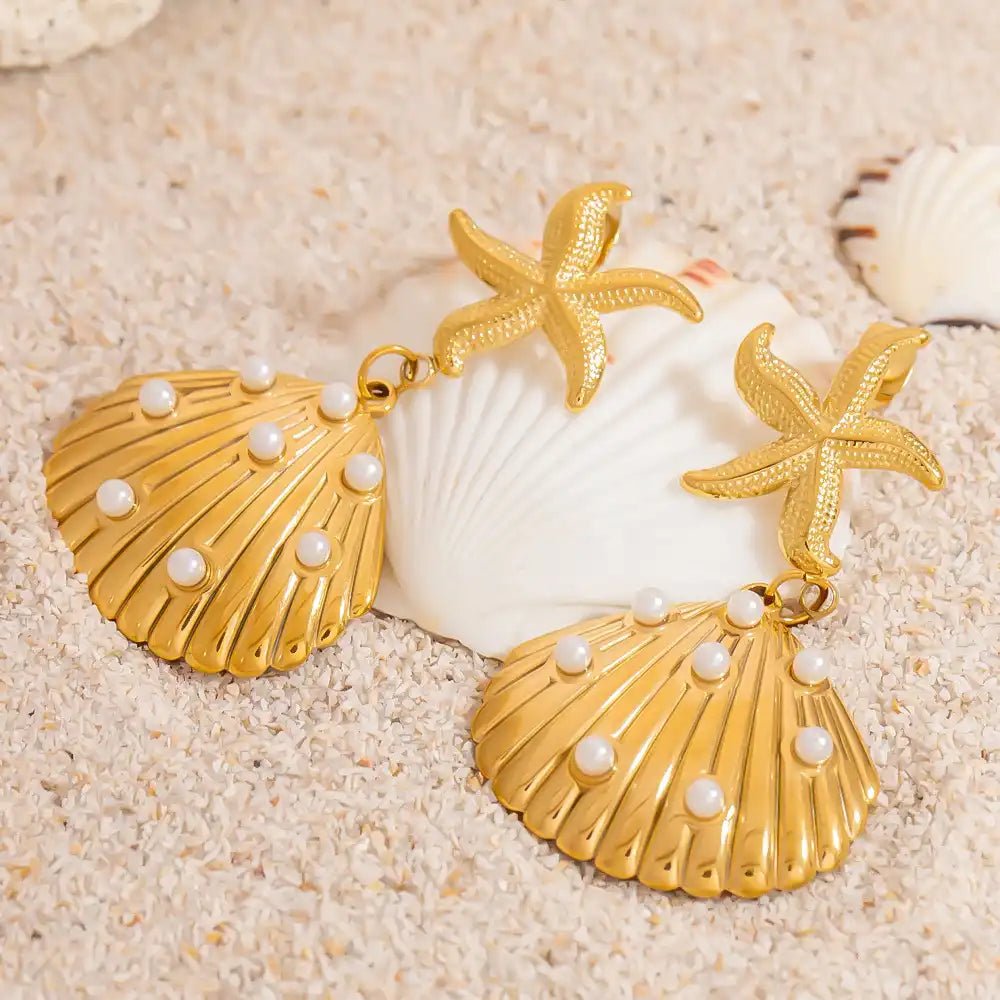 1 Pair Stainless Steel Ocean Life Style Beach Shell Octopus Drop Earrings / 25104025
