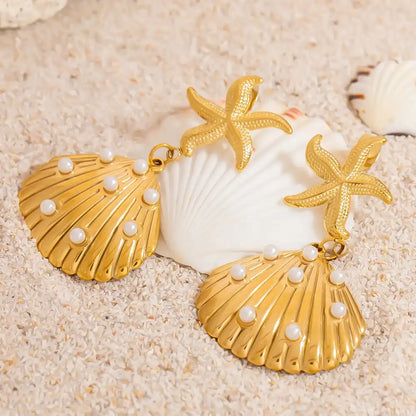 1 Pair Stainless Steel Ocean Life Style Beach Shell Octopus Drop Earrings / 25104025