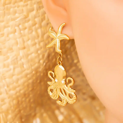 1 Pair Stainless Steel Ocean Life Style Beach Shell Octopus Drop Earrings / 25104025