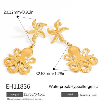 1 Pair Stainless Steel Ocean Life Style Beach Shell Octopus Drop Earrings / 25104025