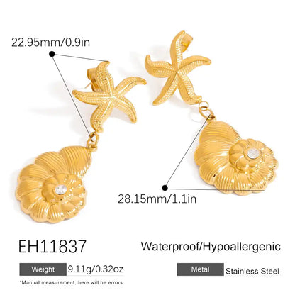 1 Pair Stainless Steel Ocean Life Style Beach Shell Octopus Drop Earrings / 25104025