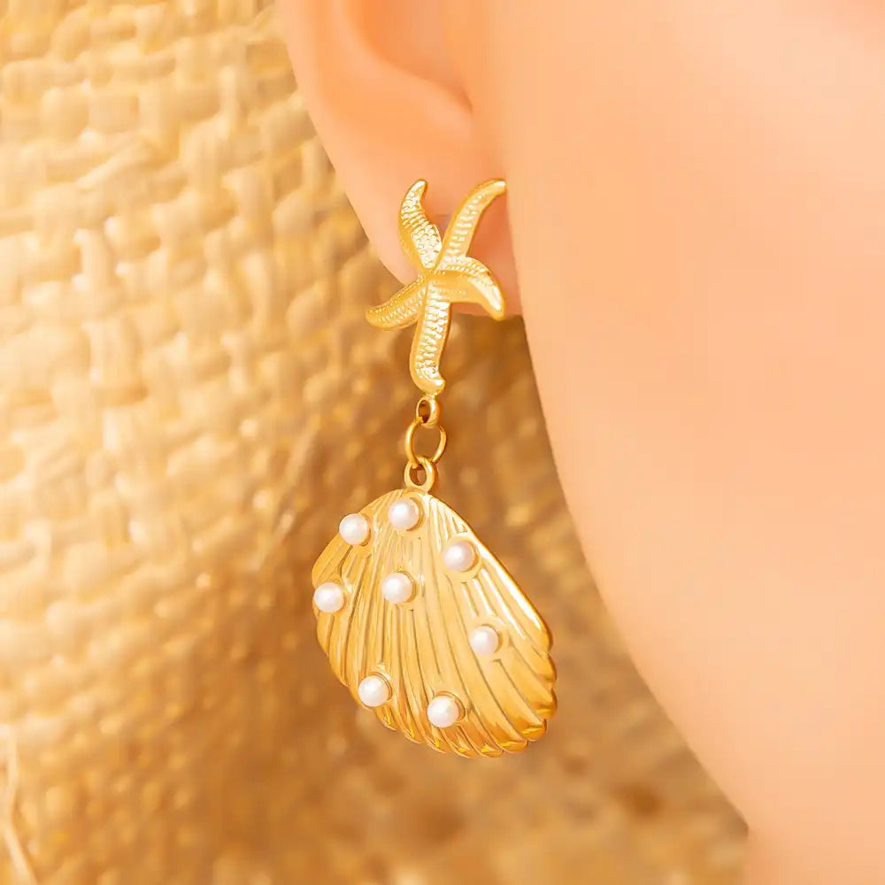 1 Pair Stainless Steel Ocean Life Style Beach Shell Octopus Drop Earrings / 25104025