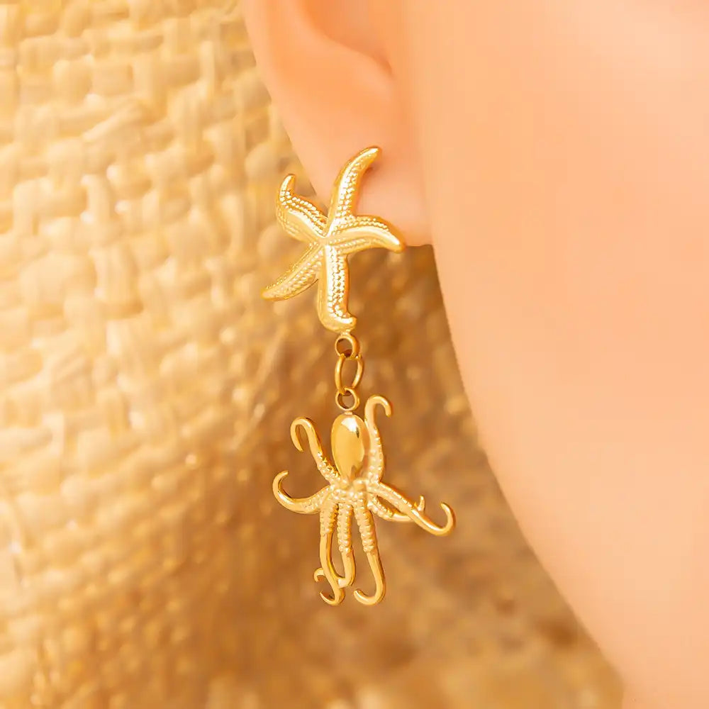 1 Pair Stainless Steel Ocean Life Style Beach Shell Octopus Drop Earrings / 25104025