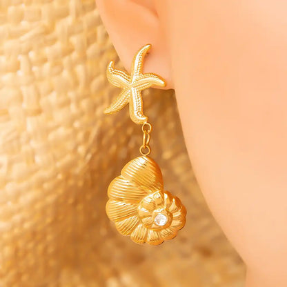 1 Pair Stainless Steel Ocean Life Style Beach Shell Octopus Drop Earrings / 25104025