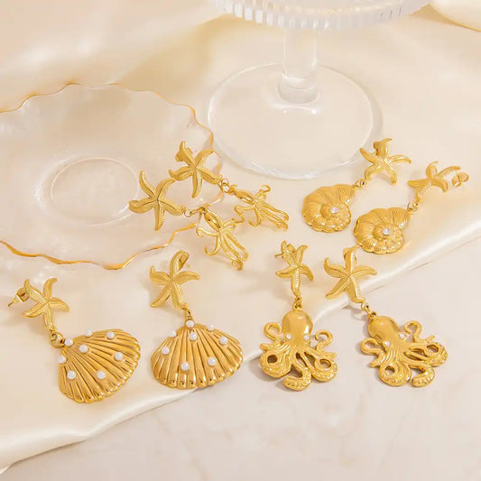 1 Pair Stainless Steel Ocean Life Style Beach Shell Octopus Drop Earrings / 25104025