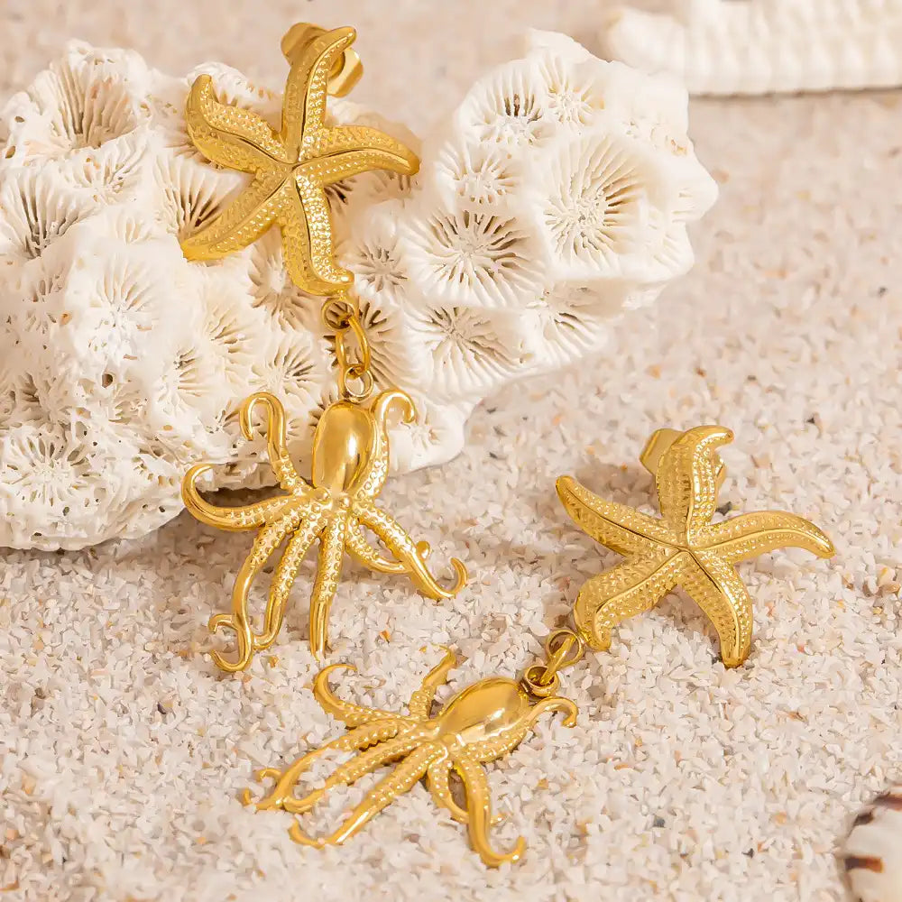 1 Pair Stainless Steel Ocean Life Style Beach Shell Octopus Drop Earrings / 25104025