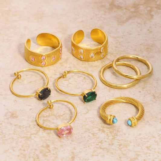 Colorful zircon 18K gold stainless steel ring / 25204007