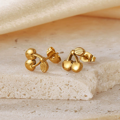 Gold PVD Stainless Steel Cherry Stud Earrings ( Pk of 2 Pairs ) / KJ2023