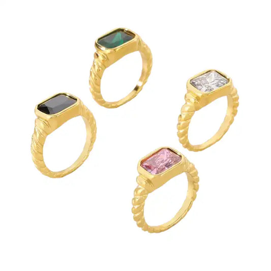 Gold Plated Stainless Steel Glass Gemstone Solitaire Ring / KR0011