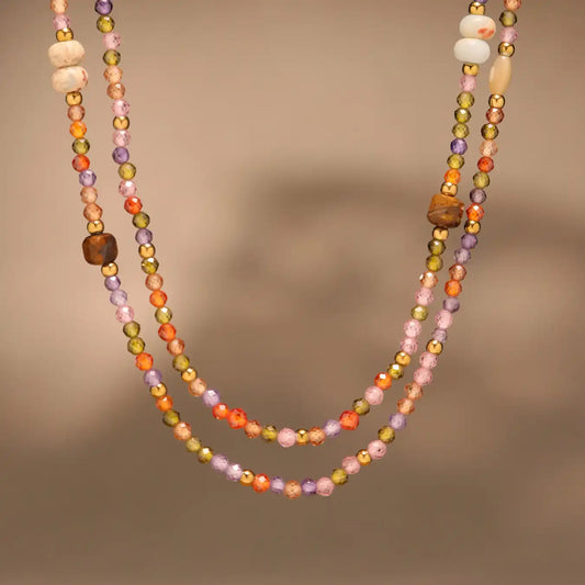 Handmade beaded string cut zircon and tiger's eye stone Necklace / 25004019