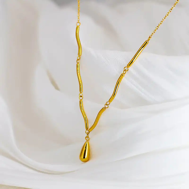 Irregular curved tube wave chain waterdrop pendant necklace / 25004041