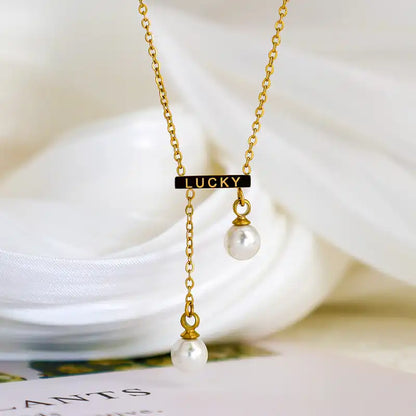 LUCKY Engraved Bar Pearl Tassel Pendant Necklace / 25004040
