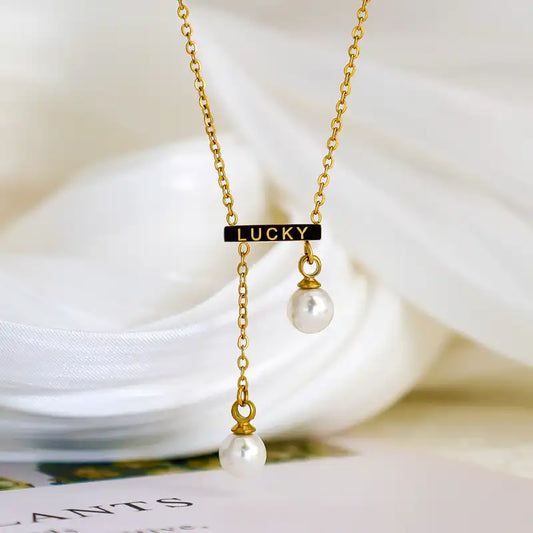 LUCKY Engraved Bar Pearl Tassel Pendant Necklace / 25004040