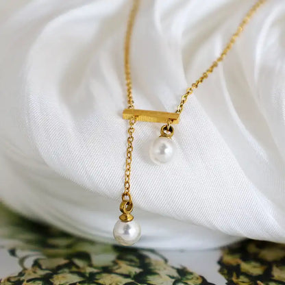 LUCKY Engraved Bar Pearl Tassel Pendant Necklace / 25004040