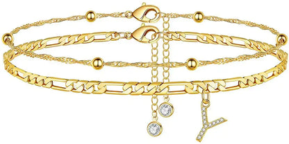 Layered Letter Ankle bracelet for Women Chain Initial Pendant Anklets / 25904001