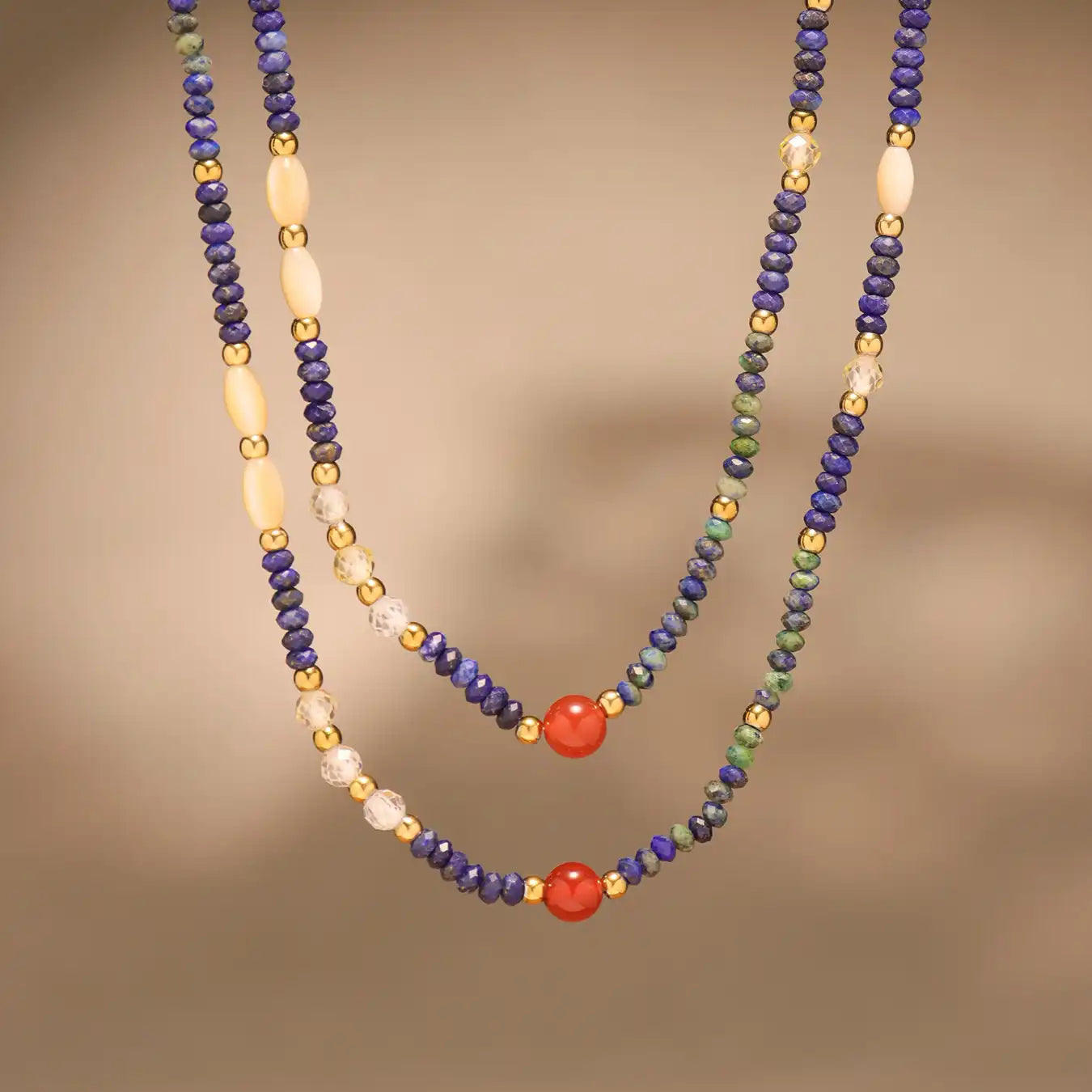 Natural lapis lazuli and red agate hand - strung beaded necklace. / 25004017