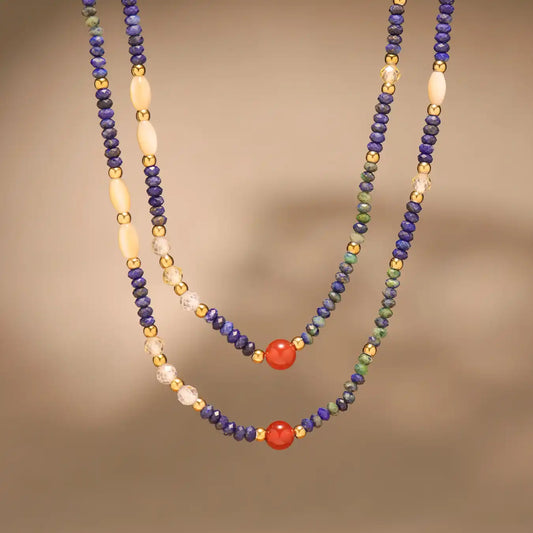 Natural lapis lazuli and red agate hand - strung beaded necklace. / 25004017