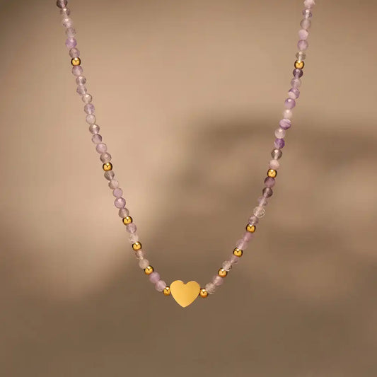 Natural stone little gold beaded heart Pendant necklace / 25004020