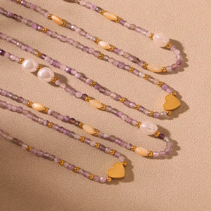 Natural stone little gold beaded heart Pendant necklace / 25004020