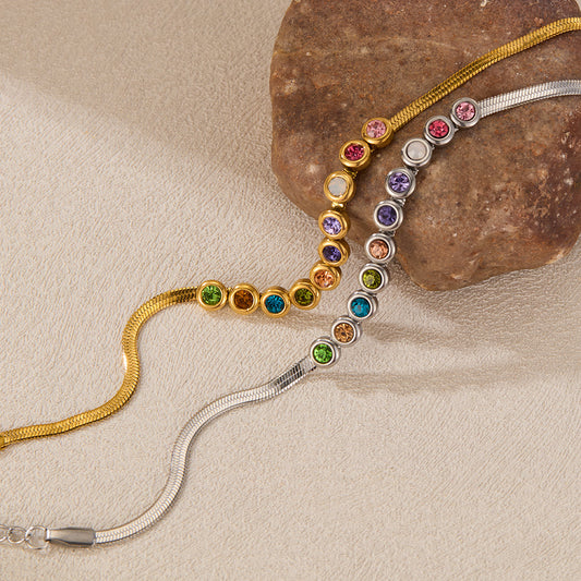 Stainless steel Minimalist chain bracelet with colored zircon  for women / 25303066