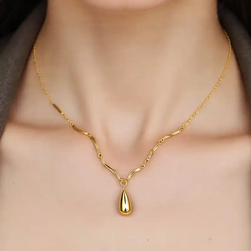Irregular curved tube wave chain waterdrop pendant necklace / 25004041