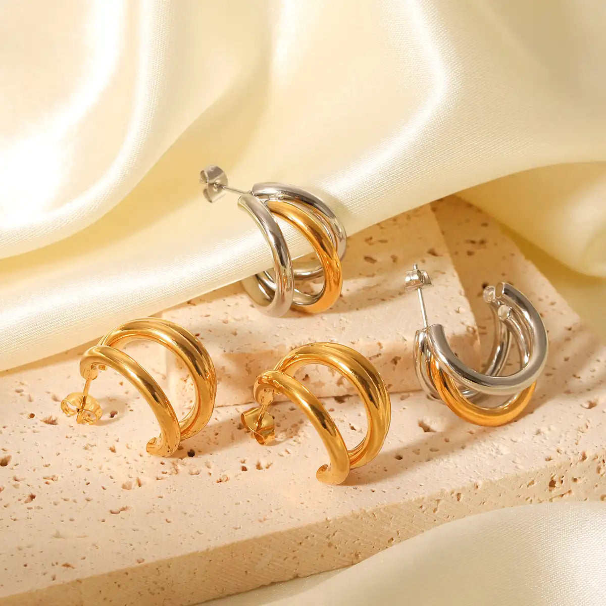 1 Pair Gold silver three-layer linear stainless steel Stud earrings / 25104003