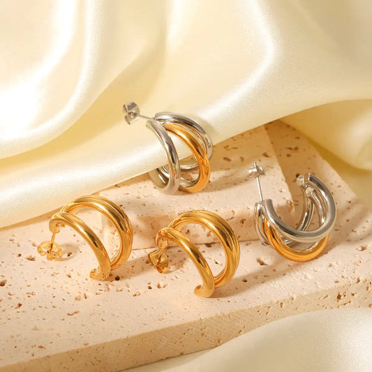 1 Pair Gold silver three-layer linear stainless steel Stud earrings / 25104003