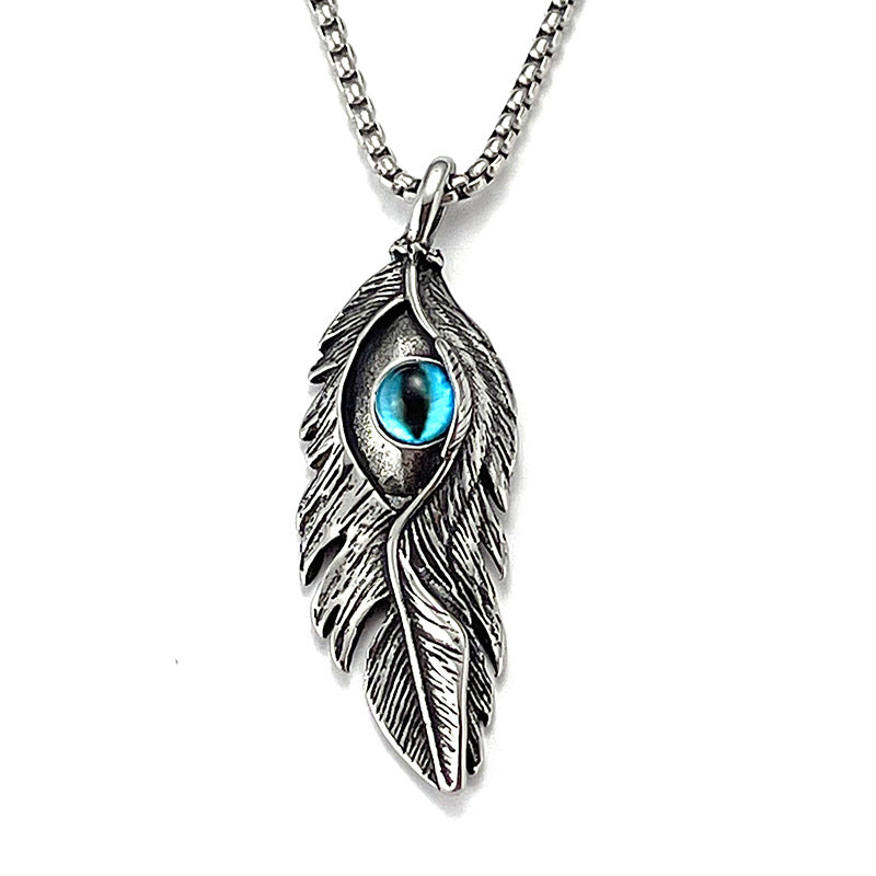 No.5 Stainless Steel Vintage Feather Evil Eye Pendant Necklace / KJ0193