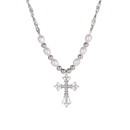 Stainless Steel Retro Cross-border Pendant Pearl Beaded Necklace /KJ0157