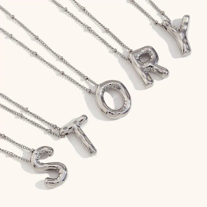 Silver Plated Stainless Steel Bubble Letter Initial Pendant Necklace / KN1023