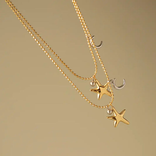 Stainless Steel Beaded Sun Moon Charm Necklace / 25004002