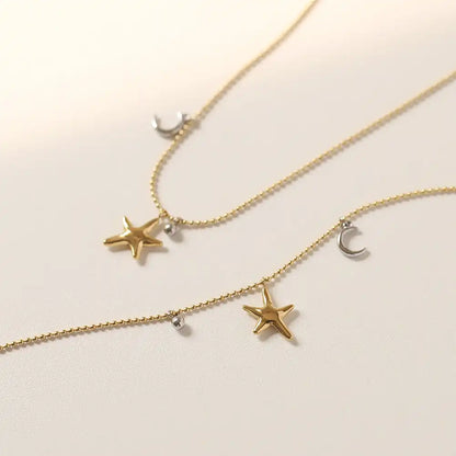 Stainless Steel Beaded Sun Moon Charm Necklace / 25004002