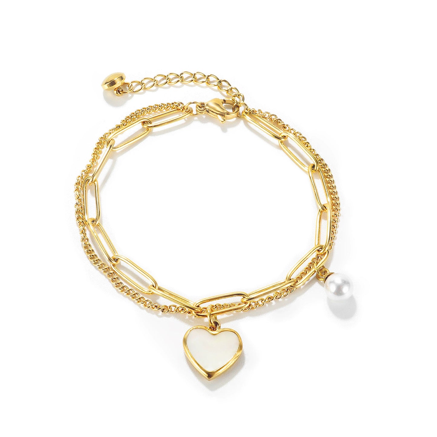 Stainless Steel Chain Bracelet With Heart & Pearl Pendant / KB0007