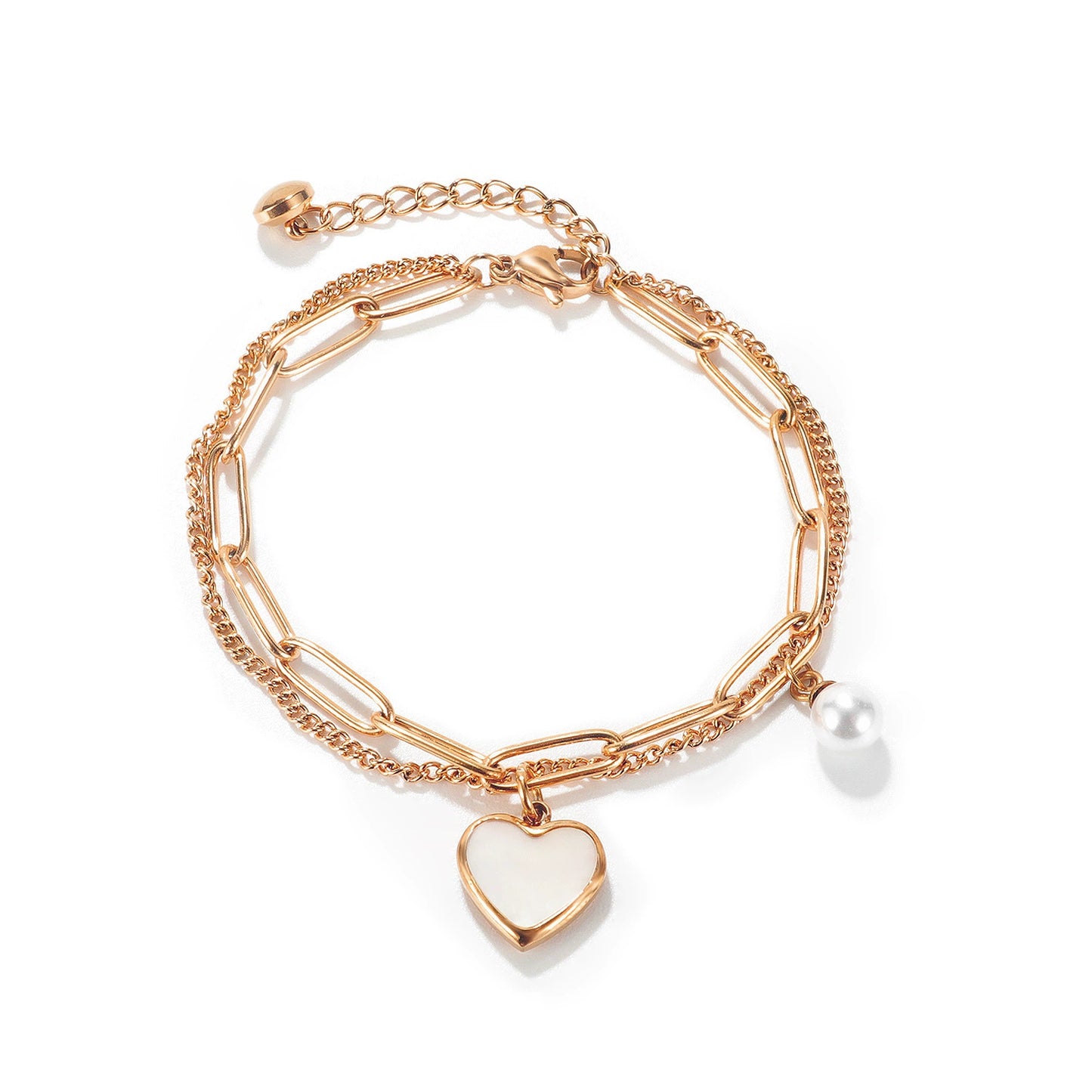 Stainless Steel Chain Bracelet With Heart & Pearl Pendant / KB0007