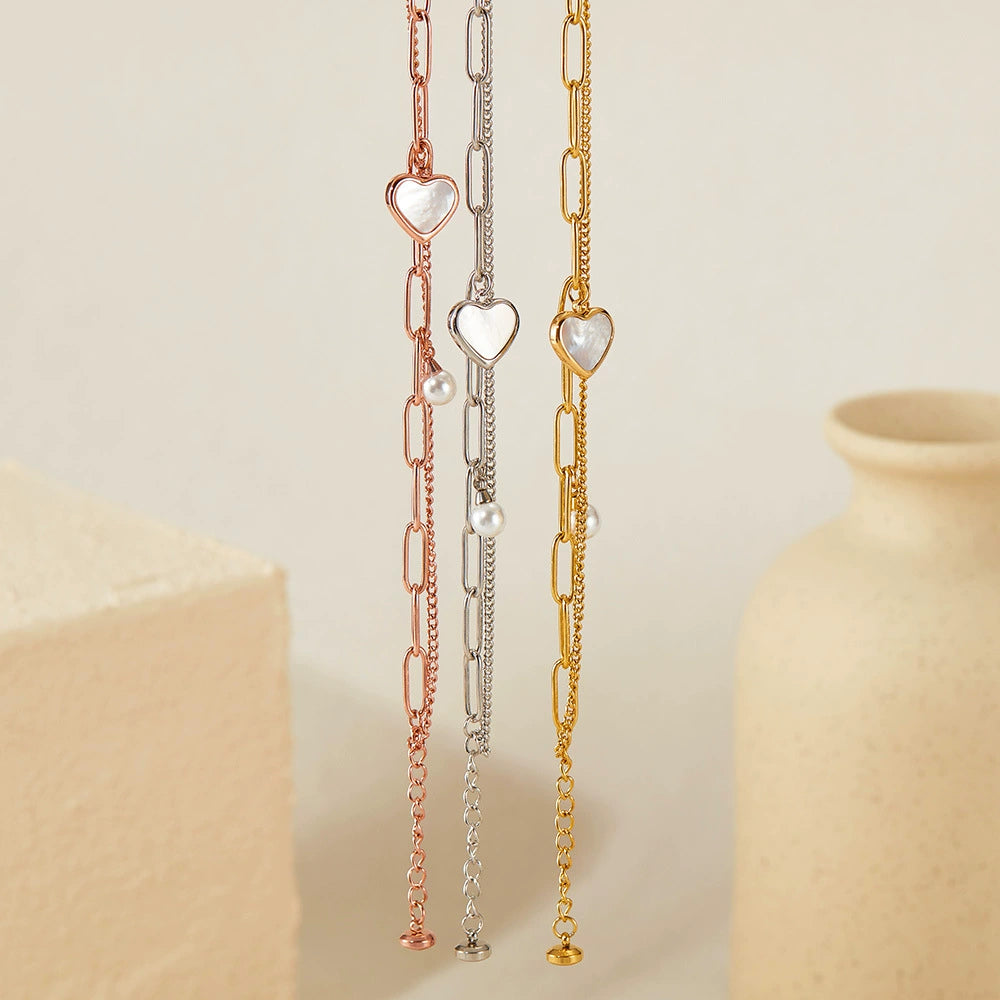 Stainless Steel Chain Bracelet With Heart & Pearl Pendant / KB0007