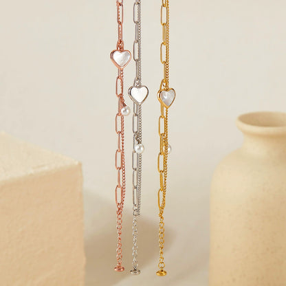 Stainless Steel Chain Bracelet With Heart & Pearl Pendant / KB0007