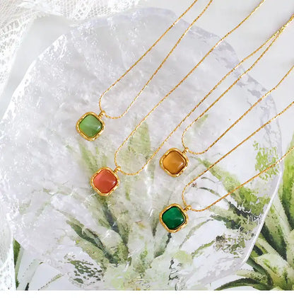 Stainless Steel Colorful Delicate Small Geometric Square Opal Necklace / 25004023