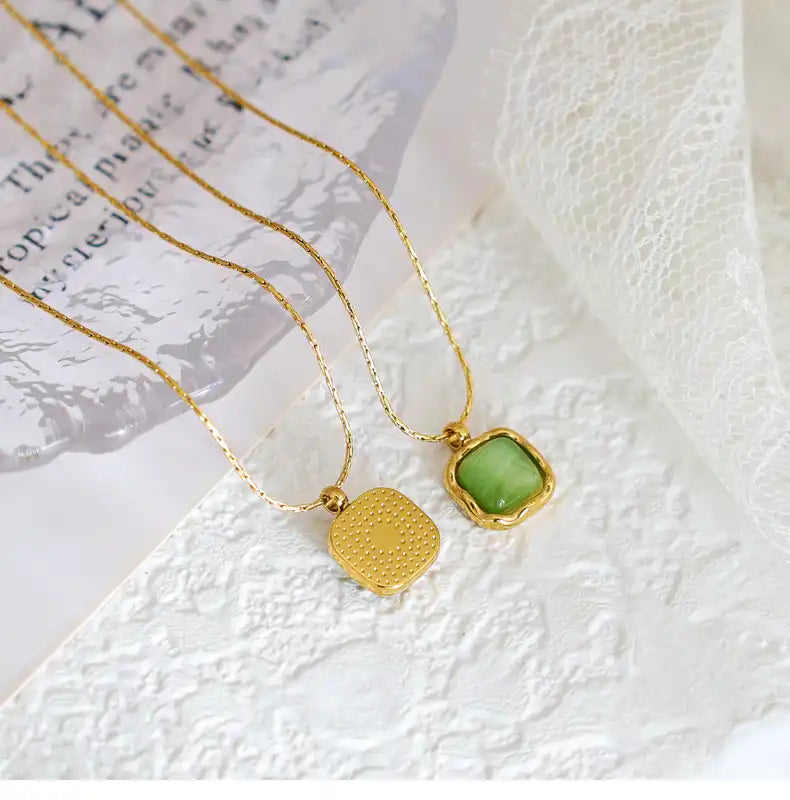 Stainless Steel Colorful Delicate Small Geometric Square Opal Necklace / 25004023