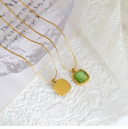 Stainless Steel Colorful Delicate Small Geometric Square Opal Necklace / 25004023