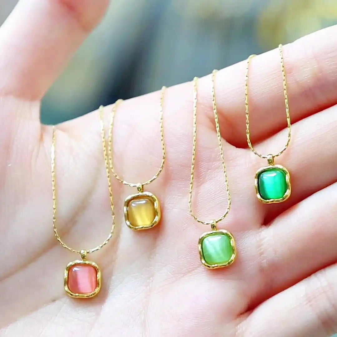 Stainless Steel Colorful Delicate Small Geometric Square Opal Necklace / 25004023