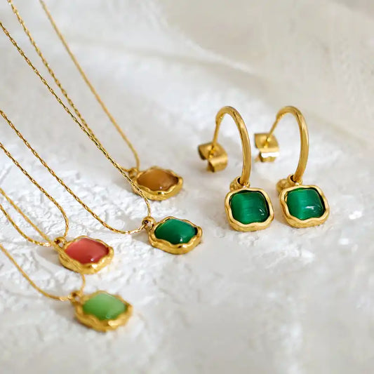 Stainless Steel Colorful Delicate Small Geometric Square Opal Necklace / 25004023