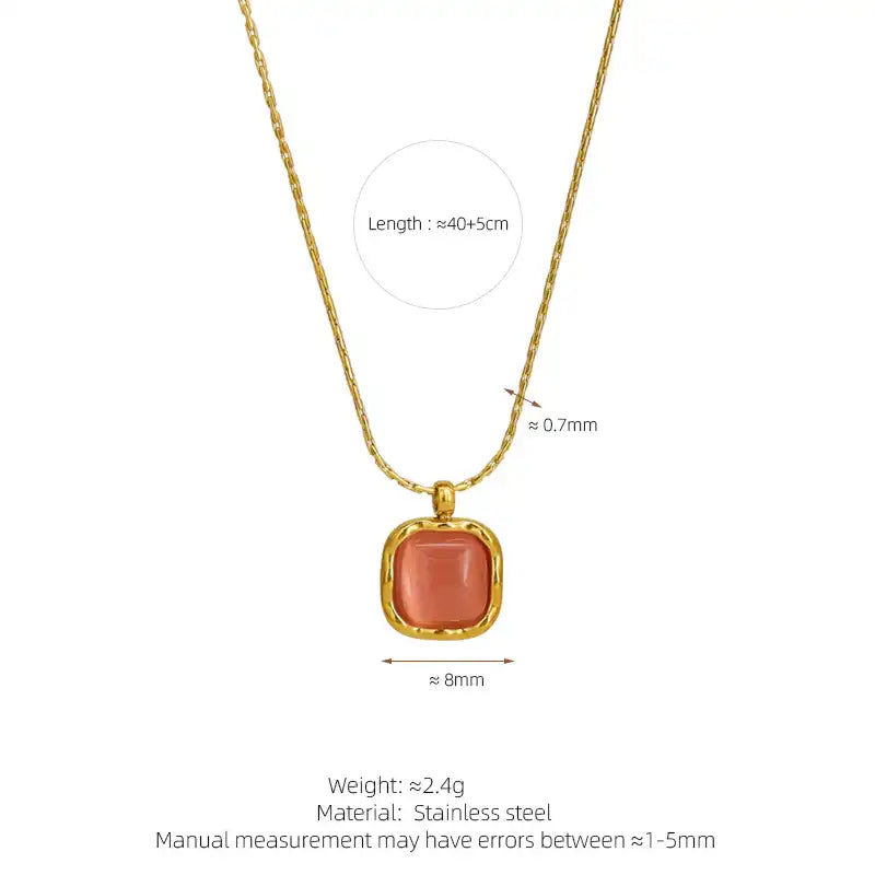 Stainless Steel Colorful Delicate Small Geometric Square Opal Necklace / 25004023