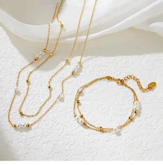 Stainless Steel Double-layer pearl laser ball stacking necklace and Bracelet / 25004022